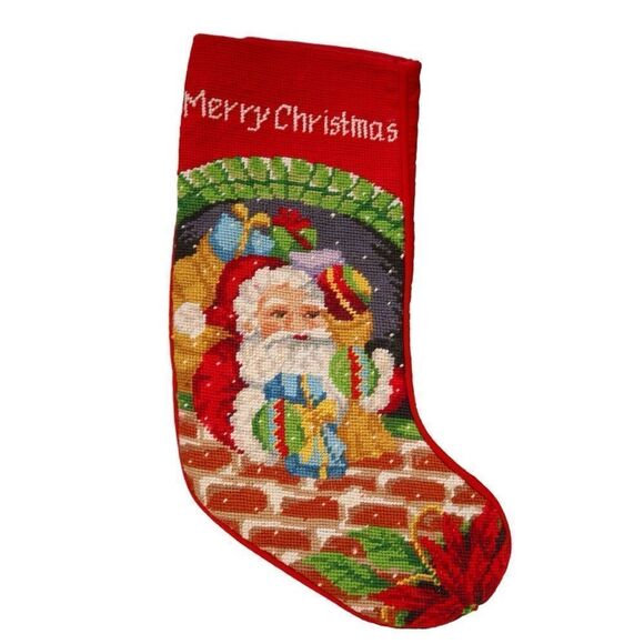 Vintage 90’s Christmas Needlepoint Saint Nicholas Santa Claus Stocking Red - Picture 1 of 3